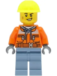 LEGO Train Worker - Male, Orange Safety Jacket, Sand Blue Legs, Neon Yellow Construction Helmet minifigure