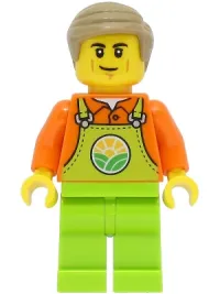 LEGO Train Worker - Male, Orange Shirt, Lime Overalls, Dark Tan Hair minifigure