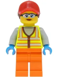 LEGO Reach Stacker Driver - Female, Neon Yellow Safety Vest, Orange Legs, Red Cap with Reddish Brown Ponytail minifigure