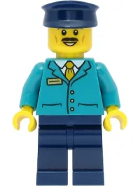 LEGO Train Driver - Male, Dark Turquoise Shirt, Dark Blue Legs and Hat minifigure