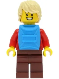 LEGO Passenger - Male, Red Plaid Flannel Shirt, Reddish Brown Legs, Tan Hair, Dark Azure Backpack minifigure
