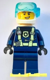 LEGO Police - City Officer Dark Blue Diving Suit with Yellowish Green Harness, White Helmet, White Air Tanks, Cheek Scuff, Bright Light Yellow Flippers minifigure