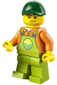 LEGO Farmer - Male, Lime Overalls over Orange Shirt, Lime Legs, Dark Green Cap minifigure
