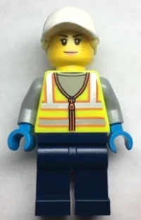 LEGO Forklift Driver - Female, Neon Yellow Safety Vest, Dark Blue Legs, White Cap with Bright Light Yellow Hair minifigure
