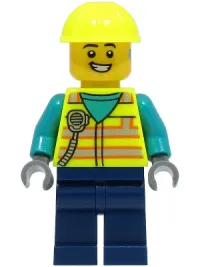 LEGO Utility Truck Driver - Male, Neon Yellow Safety Vest and Helmet, Dark Blue Legs minifigure