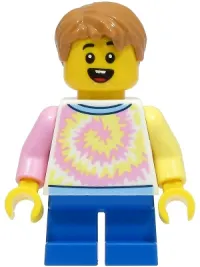 LEGO Boy - White Shirt with Swirl, Blue Short Legs, Medium Nougat Hair minifigure
