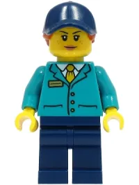 LEGO Train Platform Guard - Female, Dark Turquoise Shirt, Dark Blue Legs and Cap, Dark Orange Hair minifigure