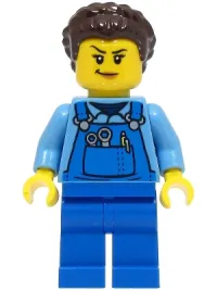 LEGO Stuntz Crew - Female, Medium Blue Shirt, Blue Apron, Dark Brown Hair minifigure