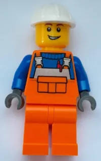 LEGO Construction Worker - Male, Orange Overalls with Reflective Stripe and Buckles over Blue Shirt, Orange Legs, White Construction Helmet, Open Lopsided Grin minifigure