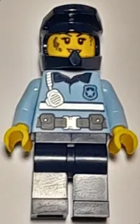 LEGO Police - City Officer Female Bright Light Blue Shirt with Silver Stripe, Badge, and Radio, Dark Blue Legs, Dark Blue Dirt Bike Helmet, Splotches minifigure