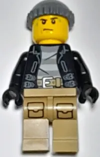 LEGO Police - City Bandit Crook, Black Leather Jacket, Dark Bluish Gray Knit Cap, Dark Tan Legs, Sweat Drops minifigure