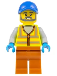 LEGO Recycling Worker - Male, Neon Yellow Safety Vest, Dark Orange Legs, Blue Cap minifigure