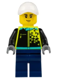 LEGO Sports Car Driver - Male, White Cap, Neon Yellow Jacket, Dark Blue Legs minifigure