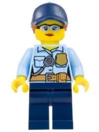 LEGO Police - City Officer Female, Bright Light Blue Shirt with Badge and Radio, Dark Blue Legs, Dark Blue Cap with Dark Orange Ponytail, Safety Glasses minifigure