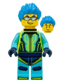 LEGO Stuntz Driver - Male, Medium Azure and Neon Yellow Jumpsuit, Dark Azure Spiked Hair, Black Neck Bracket minifigure
