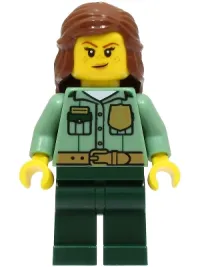 LEGO Park Ranger - Female, Sand Green Shirt, Dark Green Legs, Reddish Brown Hair minifigure
