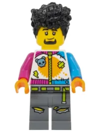 LEGO Stuntz Driver - Male, White Jumpsuit with Magenta and Dark Azure Arms, Dark Bluish Gray Legs, Black Tall Coiled Hair, Goatee minifigure