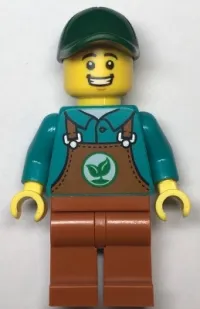 LEGO Gardener - Male, Dark Orange Overalls over Dark Turquoise Shirt, Dark Orange Legs, Dark Green Cap minifigure