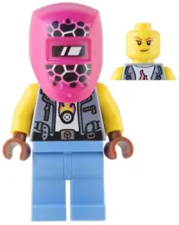 LEGO Mech-Max - Custom Car Garage Mechanic, Sand Blue Vest, Medium Blue Legs, Black Helmet, Magenta Welding Visor minifigure