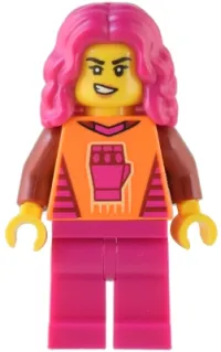 LEGO Gaming Tournament Participant - Female, Orange T-Shirt with Fist, Magenta Legs, Magenta Hair minifigure