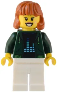 LEGO Gaming Tournament Spectator - Female, Dark Green Hoodie with Bright Green Drawstrings, White Legs, Dark Orange Hair minifigure