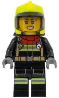 LEGO Fire - Female, Black Jacket and Legs with Reflective Stripes and Red Collar, Neon Yellow Fire Helmet, Trans-Brown Visor, Scared Open Mouth with Teeth minifigure