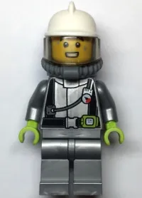 LEGO Fire - Male, Flat Silver Suit, White Fire Helmet, Trans-Brown Visor, Breathing Neck Gear with Blue Air Tanks minifigure