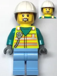 LEGO Utility Worker - Male, Neon Yellow Safety Vest, Bright Light Blue Legs, White Helmet, Dark Brown Ponytail minifigure