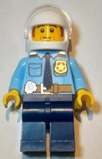 LEGO Police - City Shirt with Dark Blue Tie and Gold Badge, Dark Tan Belt with Radio, Dark Blue Legs, White Helmet, Sideburns minifigure