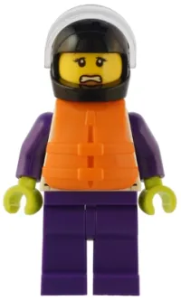 LEGO Speedboat Raft Driver - Female, White Jacket with Dolphin, Dark Purple Legs, Black Helmet, Trans-Clear Visor, Orange Life Jacket minifigure