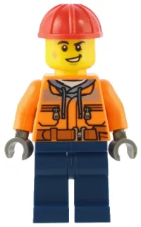 LEGO Construction Worker - Male, Orange Safety Jacket, Reflective Stripe, Sand Blue Hoodie, Dark Blue Legs, Red Construction Helmet minifigure