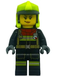 LEGO Fire - Female, Black Jacket and Legs with Reflective Stripes and Red Collar, Neon Yellow Fire Helmet, Right Raised Eyebrow, Medium Nougat Lips, Smirk minifigure