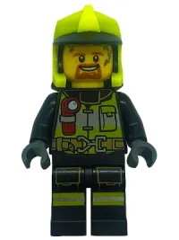 LEGO Fire - Reflective Stripes with Utility Belt and Flashlight, Neon Yellow Fire Helmet, Dark Orange Moustache and Goatee, Soot Marks minifigure