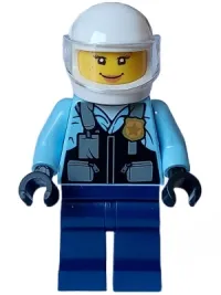 LEGO Police - City Motorcyclist Female, Safety Vest with Police Badge, Dark Blue Legs, White Helmet, Trans-Clear Visor minifigure