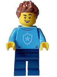 LEGO Police - City Officer in Training Male, Medium Blue Shirt with Badge, Dark Blue Legs, Reddish Brown Hair, Open Smile minifigure