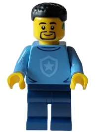 LEGO Police - City Officer in Training Male, Medium Blue Shirt with Badge, Dark Blue Legs, Black Hair, Beard, Hearing Aid minifigure
