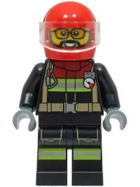 LEGO Fire - Male, Black Jacket and Legs with Reflective Stripes and Red Collar, Red Helmet, Trans-Clear Visor minifigure