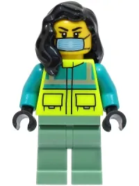 LEGO Ambulance Driver - Female, Dark Turquoise and Neon Yellow Safety Vest, Sand Green Legs, Black Hair, Surgical Mask minifigure