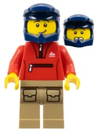 LEGO Mountain Bike Cyclist - Male, Red Tracksuit, Dark Tan Legs with Pockets, Dark Blue Dirt Bike Helmet, Lopsided Smile minifigure
