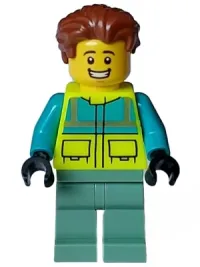 LEGO Paramedic - Male, Dark Turquoise and Neon Yellow Safety Vest, Sand Green Legs, Reddish Brown Hair, Open Mouth Smile minifigure