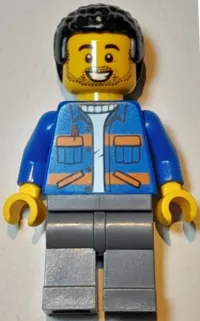 LEGO Lawn Mower Operator - Male, Blue Jacket with Diagonal Lower Pockets and Orange Stripes, Dark Bluish Gray Legs, Black Coiled Hair, Stubble minifigure