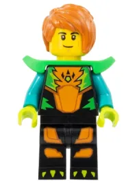 LEGO Stuntz Driver - Male, Black Jumpsuit with Orange Trim and Dark Turquoise Arms, Bright Green Shoulder Pads, Dark Orange Hair minifigure