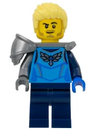 LEGO Stuntz Driver - Male, Dark Azure Racing Shirt with Silver Wings Logo, Dark Blue Legs, Flat Silver Shoulder Armor, Bright Light Yellow Hair, Stubble minifigure