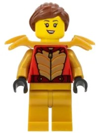 LEGO Stuntz Driver - Female, Red Racing Jacket with Gold Scales, Pearl Gold Legs, Pearl Gold Shoulder Armor, Reddish Brown Ponytail minifigure