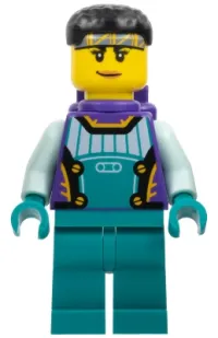 LEGO Stuntz Driver - Female, Dark Purple and Dark Turquoise Race Suit with Light Aqua Arms, Dark Purple Air Tanks, Black Short Hair minifigure