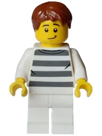 LEGO Police - City Bandit Crook Male, White Shirt with Dark Bluish Gray Prison Stripes, White Legs, Reddish Brown Hair minifigure