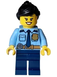 LEGO Police - City Officer Female, Shirt with Dark Blue Tie and Gold Badge, Dark Tan Belt with Radio, Dark Blue Legs, Black Ponytail minifigure