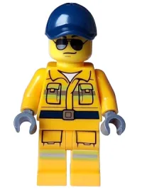 LEGO Stuntz Crew - Male, Bright Light Orange Suit with Reflective Stripes, Dark Blue Cap, Sunglasses minifigure