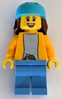 LEGO Scooter Rider - Female, Bright Light Orange Jacket, Medium Blue Legs, Medium Azure Helmet, Reddish Brown Long Hair minifigure