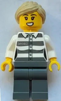 LEGO Police - Jail Prisoner 50382 Prison Stripes, Female, Dark Bluish Gray Legs, Open Mouth, Tan Ponytail minifigure